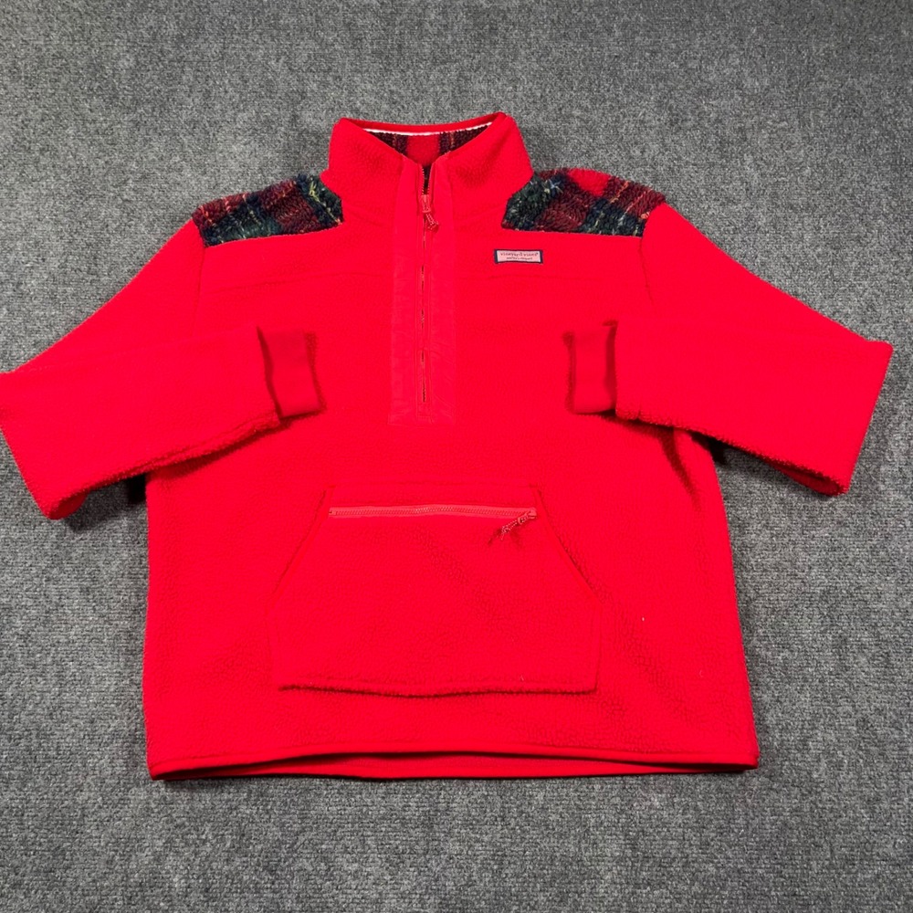 Vineyard Vines Tartan Supershep Sherpa Fleece 1/4 Zip Pullover Womens L Red